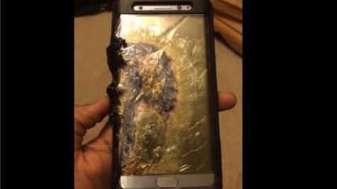 A Galaxy Note 7 that reportedly caught fire after its charger was unplugged.