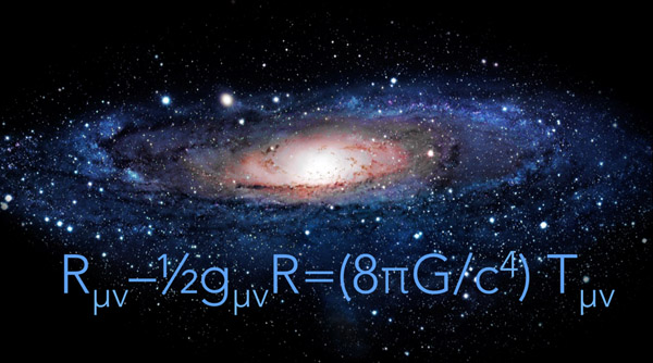 Einstein's general theory of relativity is shown in a equation meaning the curvature of space-time equals the distribution of matter plus energy. 