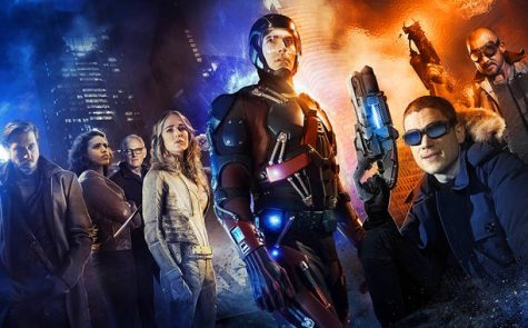 DC's Legends of Tomorrow team. From left to right: Rip Hunter, Hawkgirl, Firestorm (Dr. Stein), White Canary, The Atom, Captain Cold, Heatwave