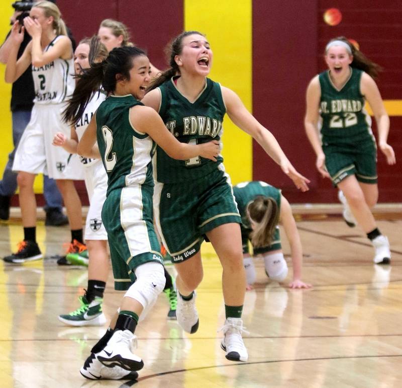 St. Edwards Lady Wave celebrating their win seconds after the final buzzer rang out.