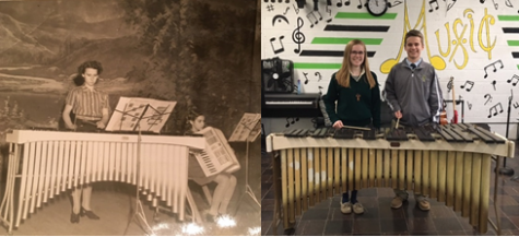 (left) Marge Masters playing the marimba in 1939, at age fourteen. 
(right) Masters’ grandchildren, Anna and Bill Skog, with the marimba at St. Edward High School.
