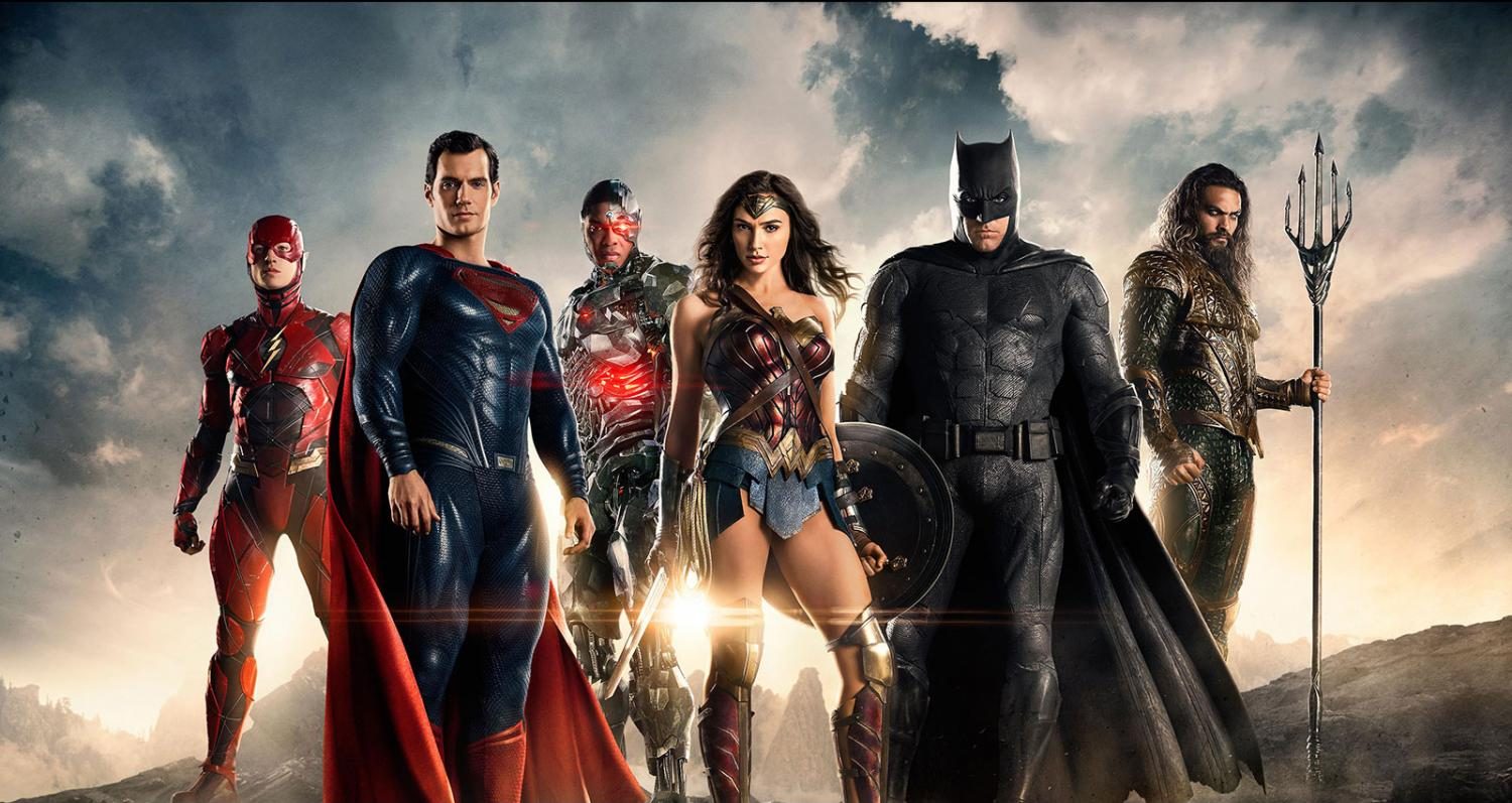 From left to right, Flash, Superman, Cyborg, Wonder Woman, Batman, Aquaman